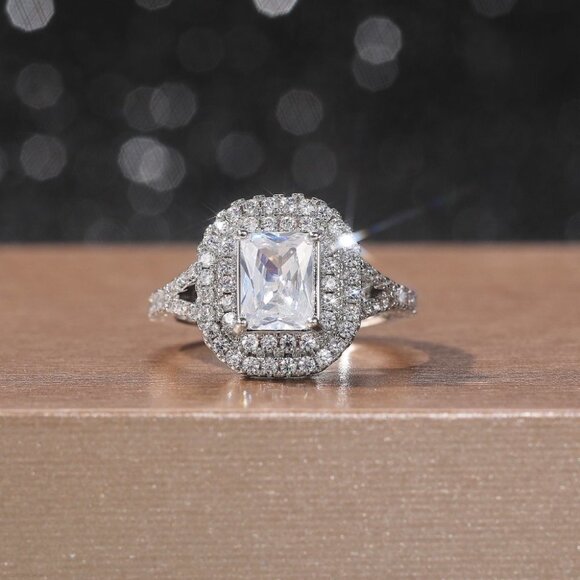 🌸DOUBLE LAYER 14K WHITE GOLD RADIANT CUT PURE CZ LUXURY WEDDING RING, K856 - Picture 3 of 6